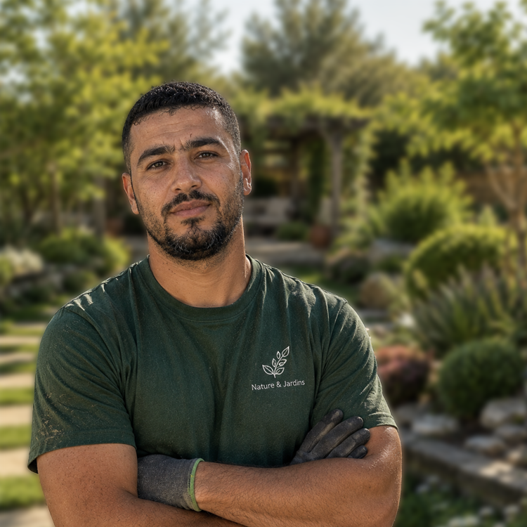 Houssem Rahmouni, jardinier paysagiste de Nature et Jardins, souriant devant un jardin verdoyant